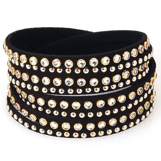 Double wrap leather bracelet with metal rivet crystal bling bracelets,slake rock wrap bracelet bling