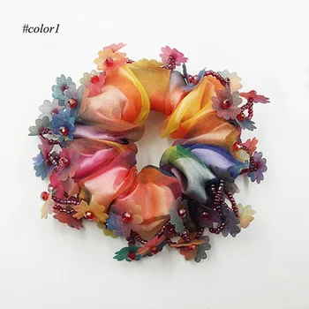 

Wholesale 12pcs Handmade Flower Hair Scrunchies Crystal Trim Hair Bun Holder Korean Ponytail Holder Rubber Hair Band for Women