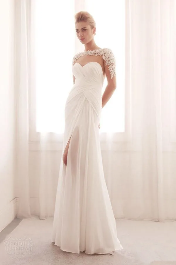 172 Eleagnt Beach 2015 Summer Wedding Dress Appliques A-Line Illusion Bateau Zipper Back Sheer Long Sleeve Split Side Sweep Train Bridal Gown (1)