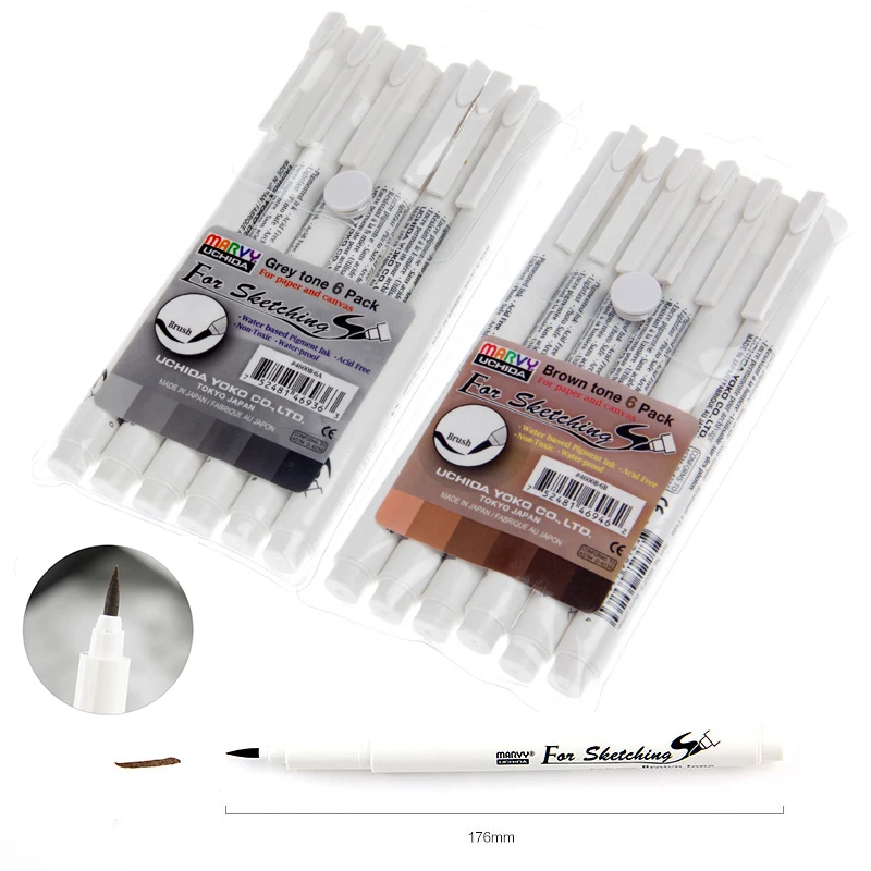 6 PCS Japan Imported Ilustrating Cartoon Design Sketch Brush Marker Pen Grey Brown Water Based Permanent Ink Arte Marcadores