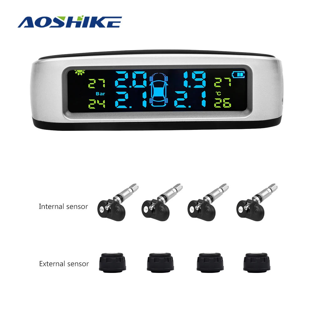 AOSHIKE Wireless Car Tire Pressure Alarm Monitor System TPMS LCD Display Solar Powered Car 4 External Sensor Temperature Alarm AOSHIKE Wireless Car Tire Pressure Alarm Monitor System TPMS LCD Display Solar Powered Car 4 External Sensor Temperature Alarm