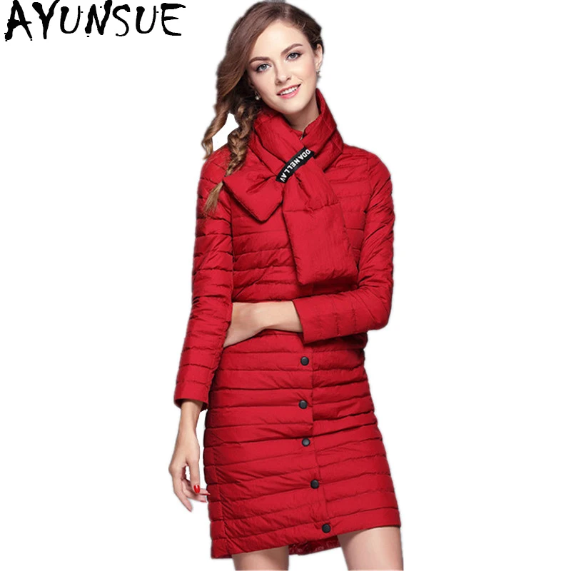 

AYUNSUE Long Ultra Light White Duck Down Jackets For Women Winter Autumn Women's Jacket With Scarf Slim Coat Female Parka WYQ897