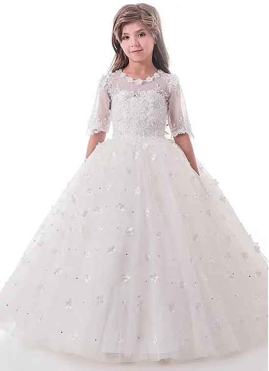 

White Ivory Lace Flower Girl Dresses for Weddings First Communion Dresses for Girls Buttons Back Lace 3D Flowers Pageant Gown