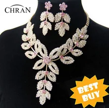 Chran Al Por Mayor Chapado En Oro de la Flor de La Boda Nupcial de Cristal Austriaco Rhinestone Collar Y Pendiente de La Joyería de La Vendimia Ddjsr1591