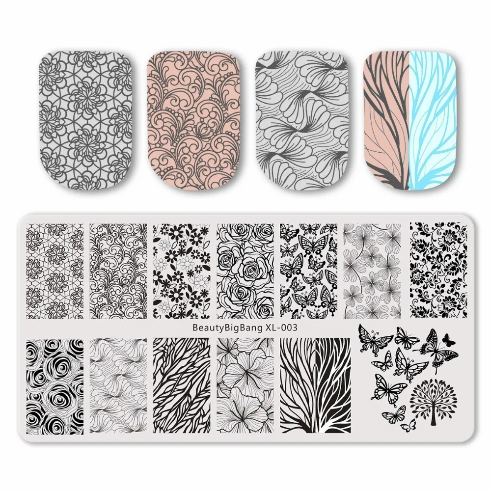 BeautyBigBang 6*12cm Rectangle Nail Stamping Plate Summer Flower Rose Leaves Image Plate Nail Template Nail Art Stencil