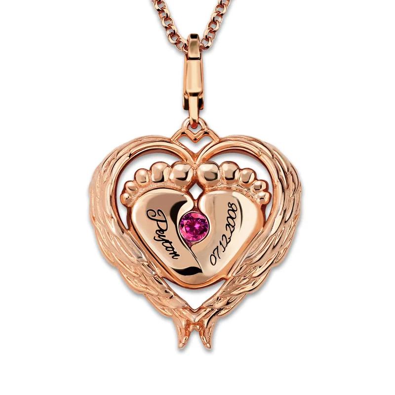 AILIN Personalized Hand Stamped Angel Wing Necklace Rose Gold Color Baby Feet Pendant Birthstone Necklace Gift for Mother AILIN Personalized Hand Stamped Angel Wing Necklace Rose Gold Color Baby Feet Pendant Birthstone Necklace Gift for Mother