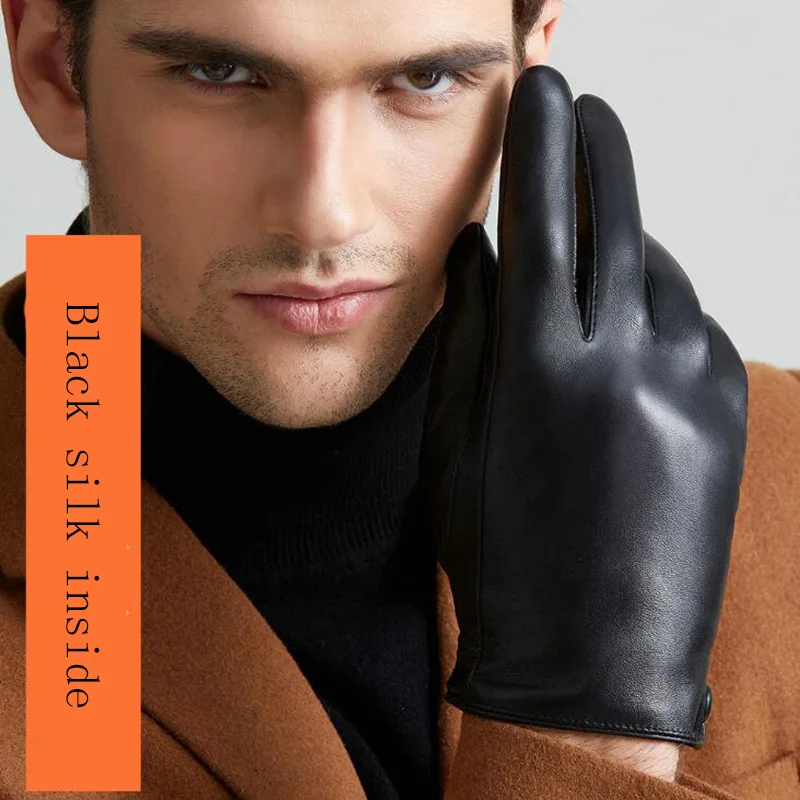 Men's Fashion Genuine Leather Gloves Thin/ Thick Plush Winter Warm Sheepskin Full Finger Touch Screen Driving Gloves Mittens L75 