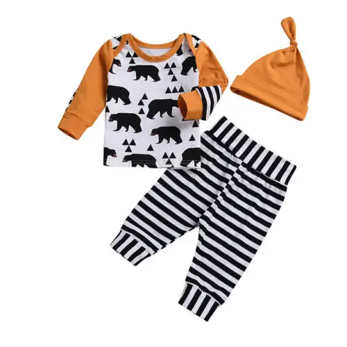

T-shirt Tops striped Pants Cotton Hat Clothes Baby Boys 3PCS Set Toddler Kids Baby Girls Clothing Cute Animals 0-24M