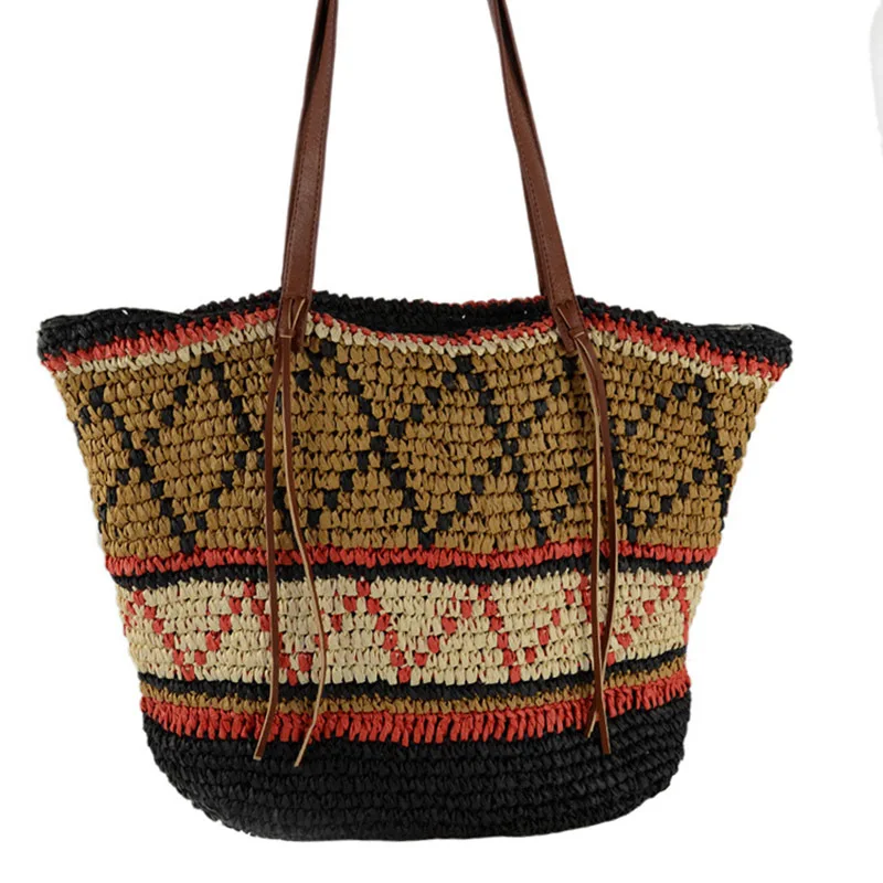 Women Straw Bag Bohemian Female Summer Large Beach Vintage Woven Handbag Lady Shopping Shoulder Bags Travel Casual Tote SS3056 (2)