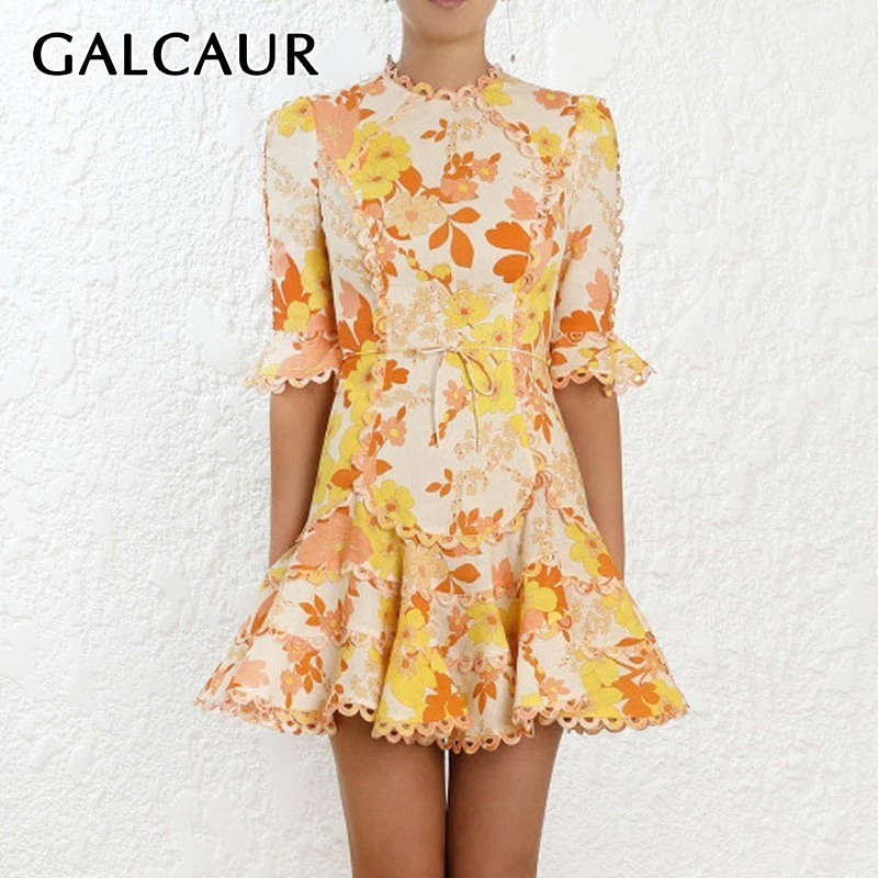 

GALCAUR Summer Print Dress For Women O Neck Flare Sleeve High Waist Lace Up Pleated Elegant Dresses Female 2019 Fashion Summer