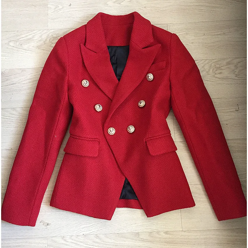Осенний шикарный красный блейзер для женщин OL с зубчатым вырезом двубортный шерстяной Блейзер пальто элегантный офисный Женский костюм куртка верхняя одежда