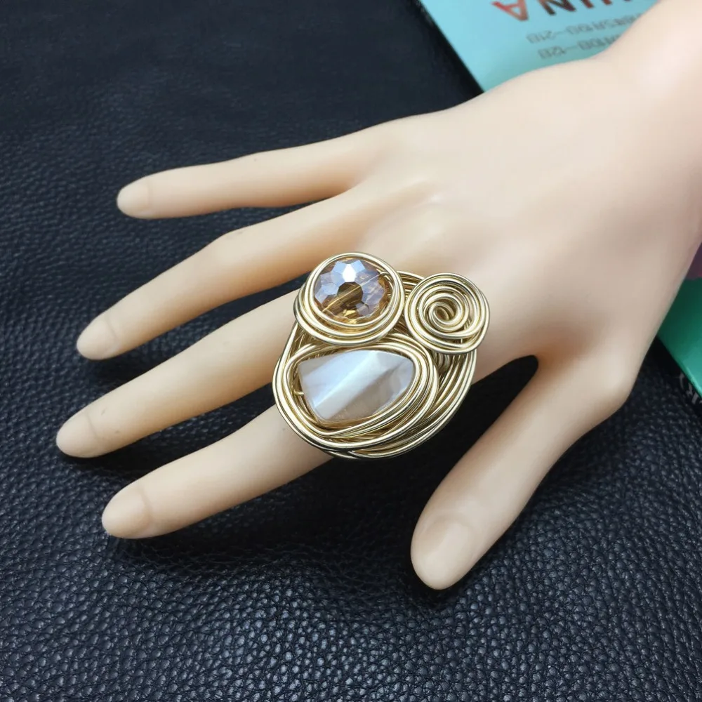 MANILAI Boho Handmade Big Champagne Crystal Rings For Women Fashion Jewelry Gold Color Wire Helical Wound Beads Finger Ring - Image 6