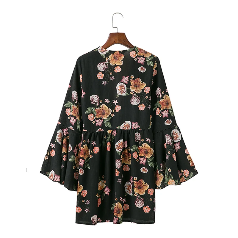 BONGOR LUSS Autumn Floral Print Deep V Neck Chiffon Dress Three Quarter Butterfly Sleeves Sexy Women Party Dresses Mini Dress (17)