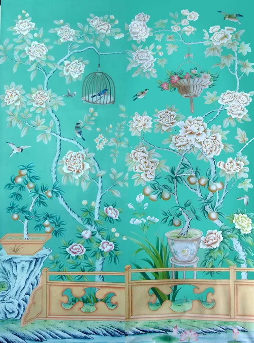 

Classic elegant Hand-painted silk wallpaper Customized painting flowers with birds and fence many patterns / background optional