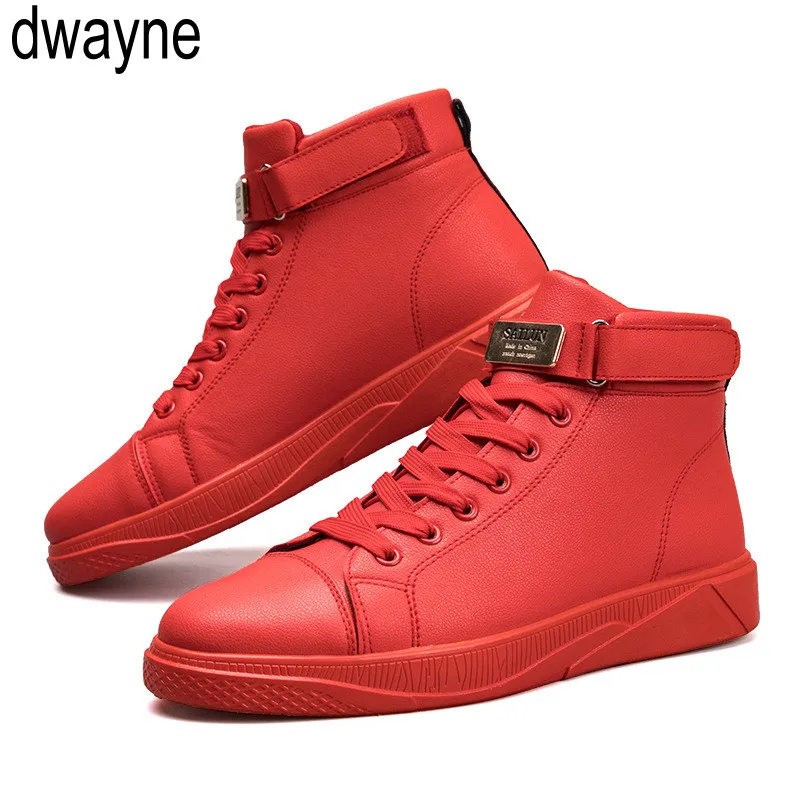 Black Red Men Lace Up Ankle Boots Flats Shoes High Top Leather Casual Shoes Men's Vulcanize senakers Walking Shoes