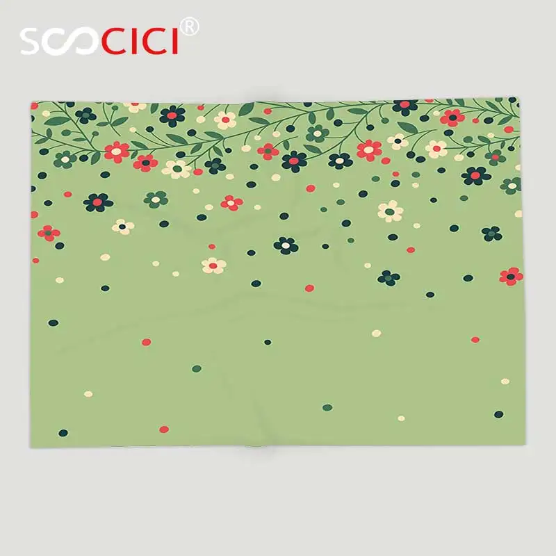 Custom Soft Fleece Throw Blanket Floral Colorful Spring Season Flowering Branch with Bouquet Petals Retro Artsy Design Pistachio | Дом и сад