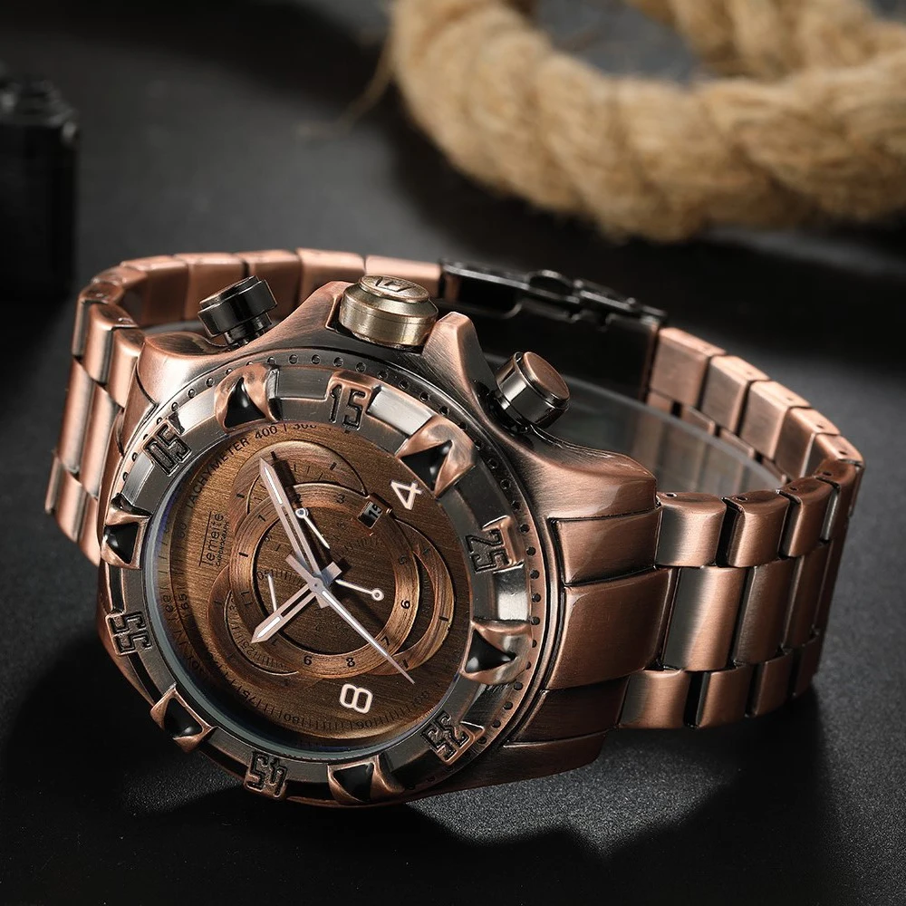 TEMEITE винтажные модные часы для мужчин кварцевые часы Медь Нержавеющая сталь ремешок Дата дисплей Лидирующий бренд роскошный большой чехол наручные часы