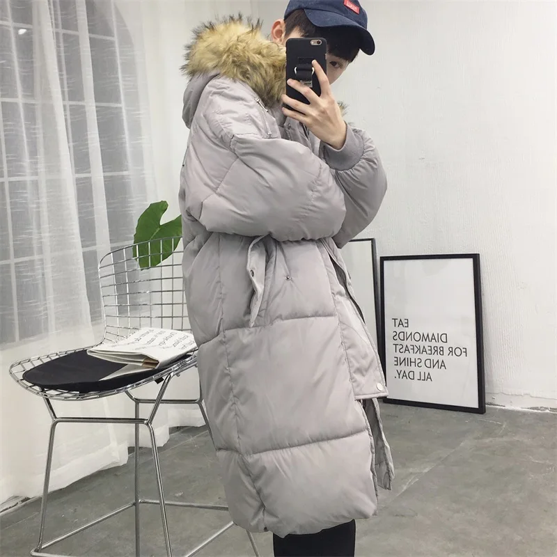 In the long winter warm hooded fur feather padded coat jacket Mens Long bread suit Korean