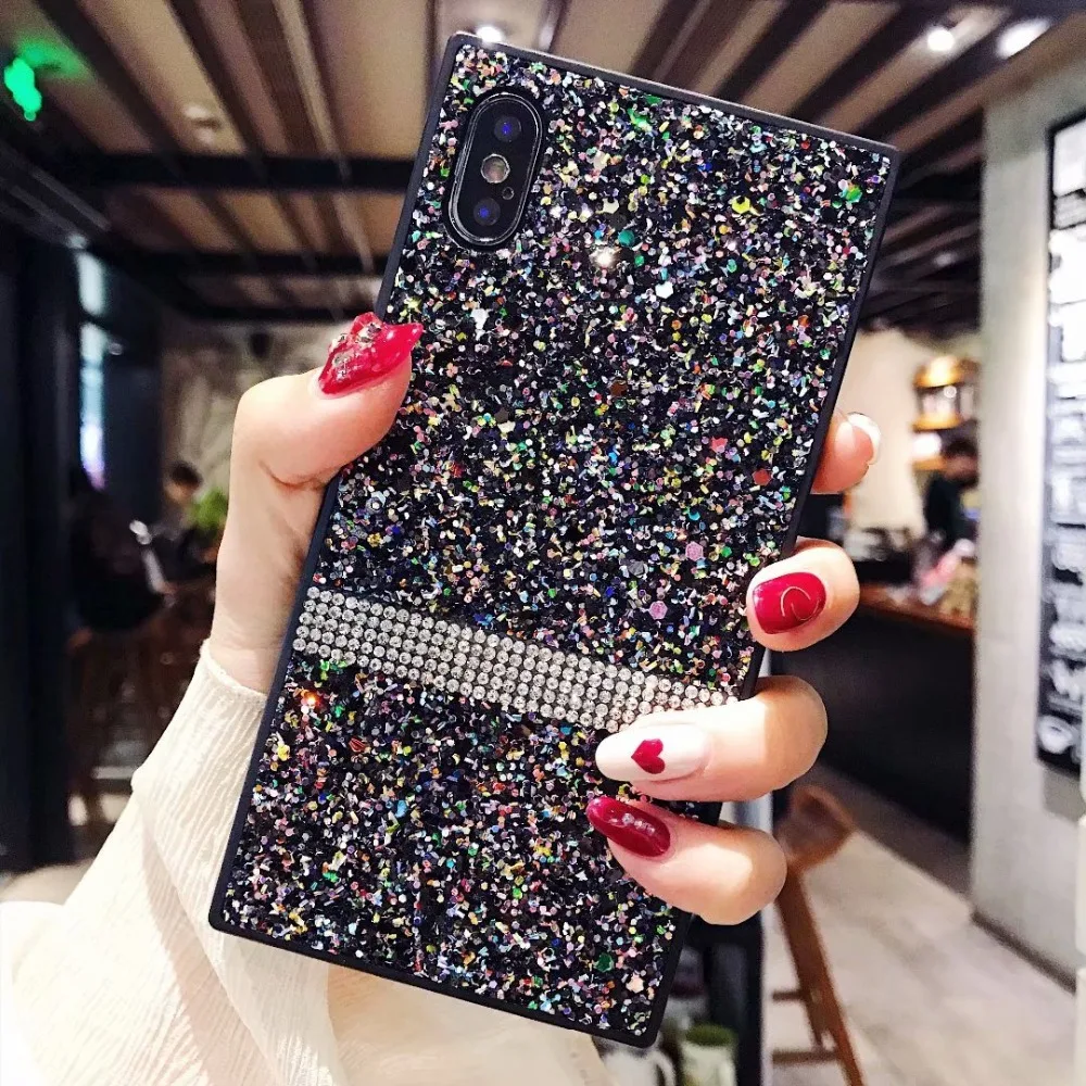 

Luxury Bling Rhinestone Diamond Square Cover For iPhone X XR XS MAX Case Glitter For iPhone 8 7 6s Plus Hard Back Case For Women
