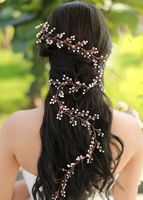 Missgrace Bridal Rose Gold Extra Long Hair Vine Rhinestones Headpiece Wedding Hair Accessories (4)