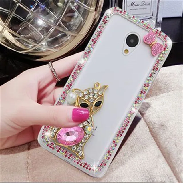 For iPhone 5C 5S 6 6S 7 8 Plus X Cute Fox Bling Rhinestones Diamond Chain Glitter Phone Case Soft Rubber Transparent Back Cover