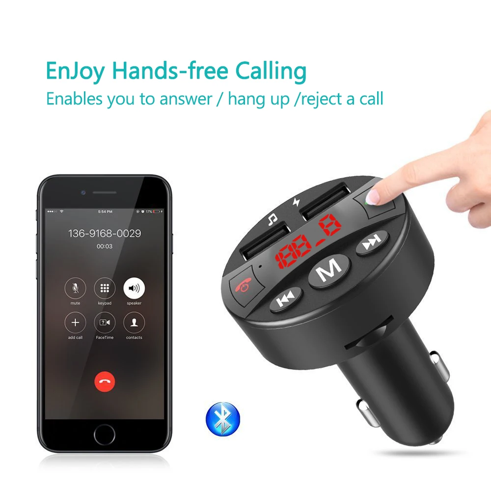 

Bluetooth Car Kit FM Transmitter Modulator Car MP3 Player Handsfree Wireless A2DP Music Player 5V 2.1A Dual USB Support TF Card