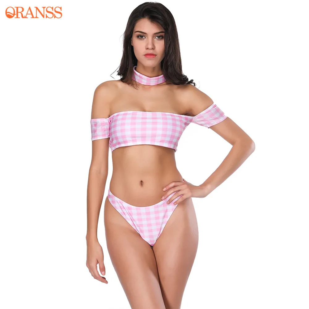 Women New Bikini Set Female Sexy Plaid Off Shoulder Bandeau Swimwear