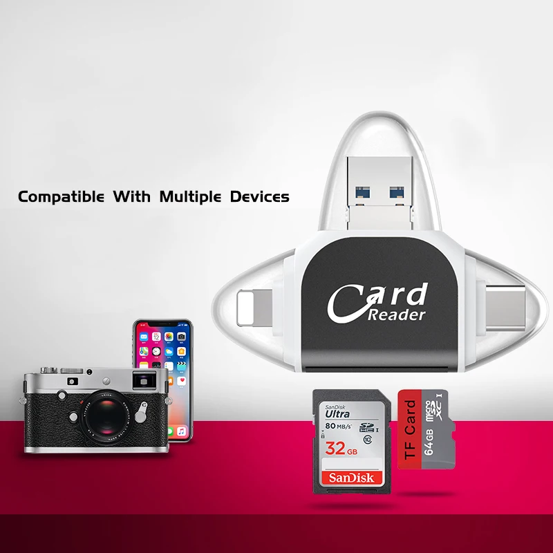 4 In 1 SD TF Card Reader Multi system Compatible Plug Play Portable Adapter Card Reader 4