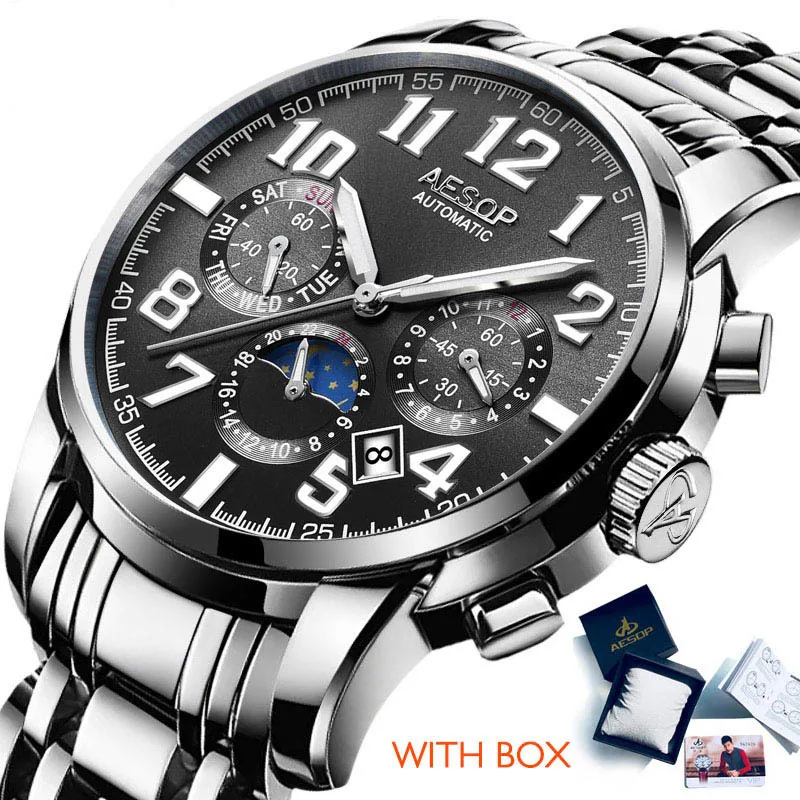 Aesop мужские часы, мужские брендовые автоматические механические противоударные водонепроницаемые наручные часы, мужские часы - Цвет: Black silver Box