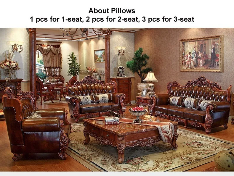 Morder антикварная роскошь классический европейский стиль твердой древесины кожаный диван набор мебели для гостиной