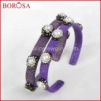 

BOROSA purple fish skin cuff bangle, with 5 round natural pearl bead bangle handcraft pave cz gems jewelry druzy JAB438