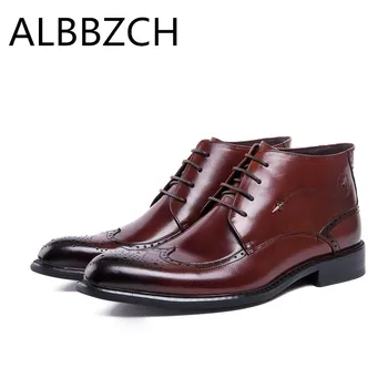 

New business dress men boots pointed toes lace mens genuine leather ankle boots fashion rivets carving brogue work boots shoes