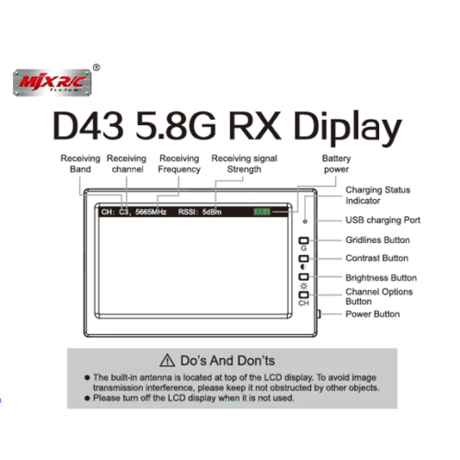 MJX R/C D43 5,8G для монитора с видом от первого лица/Экран подходит для C5820(Bugs 3) и C5830(ошибки 6) v-образный вырез