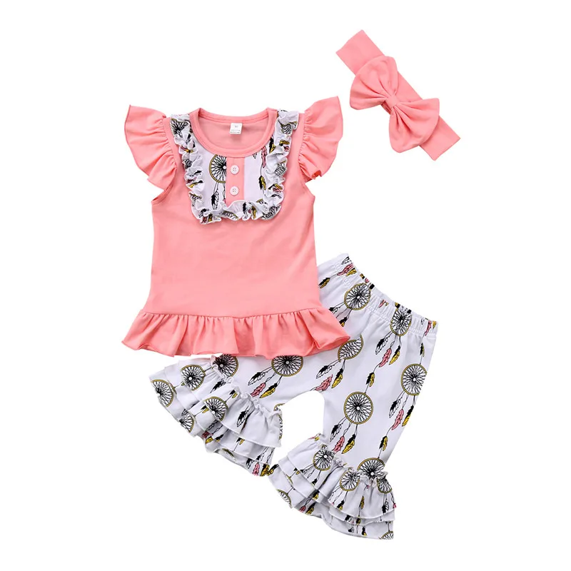 

Baby Clothing Sets Ruffles Sleeveless Print Botton Tops Flare Ruched Prints Pants Headband 3pcs Bebe Children Kids Clothes Suits