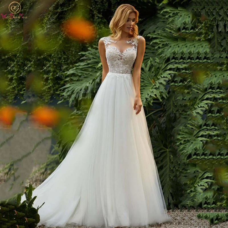 

Boho Wedding Dresses 2019 New Sheer Scoop Neck Sleeveless Appliques Lace Vestido De Novia A Line Elegant Long Beach Bridal Gowns