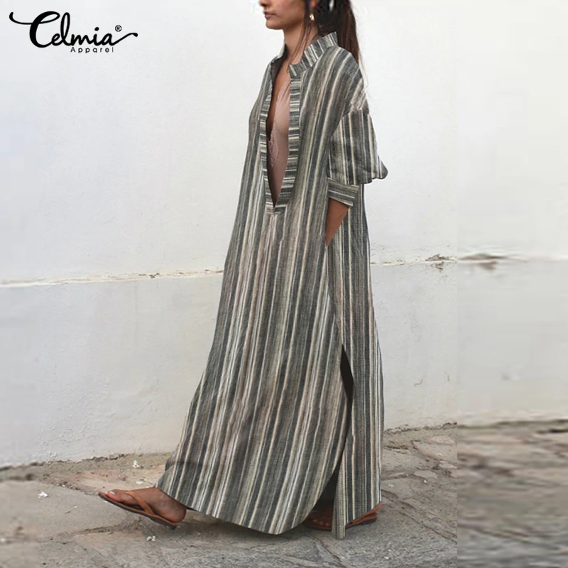 Celmia Women Vintage Striped Maxi Dress Sexy Deep V Neck High Split Casual Party Linen Long Sundress Vestido Kaftan Oversized