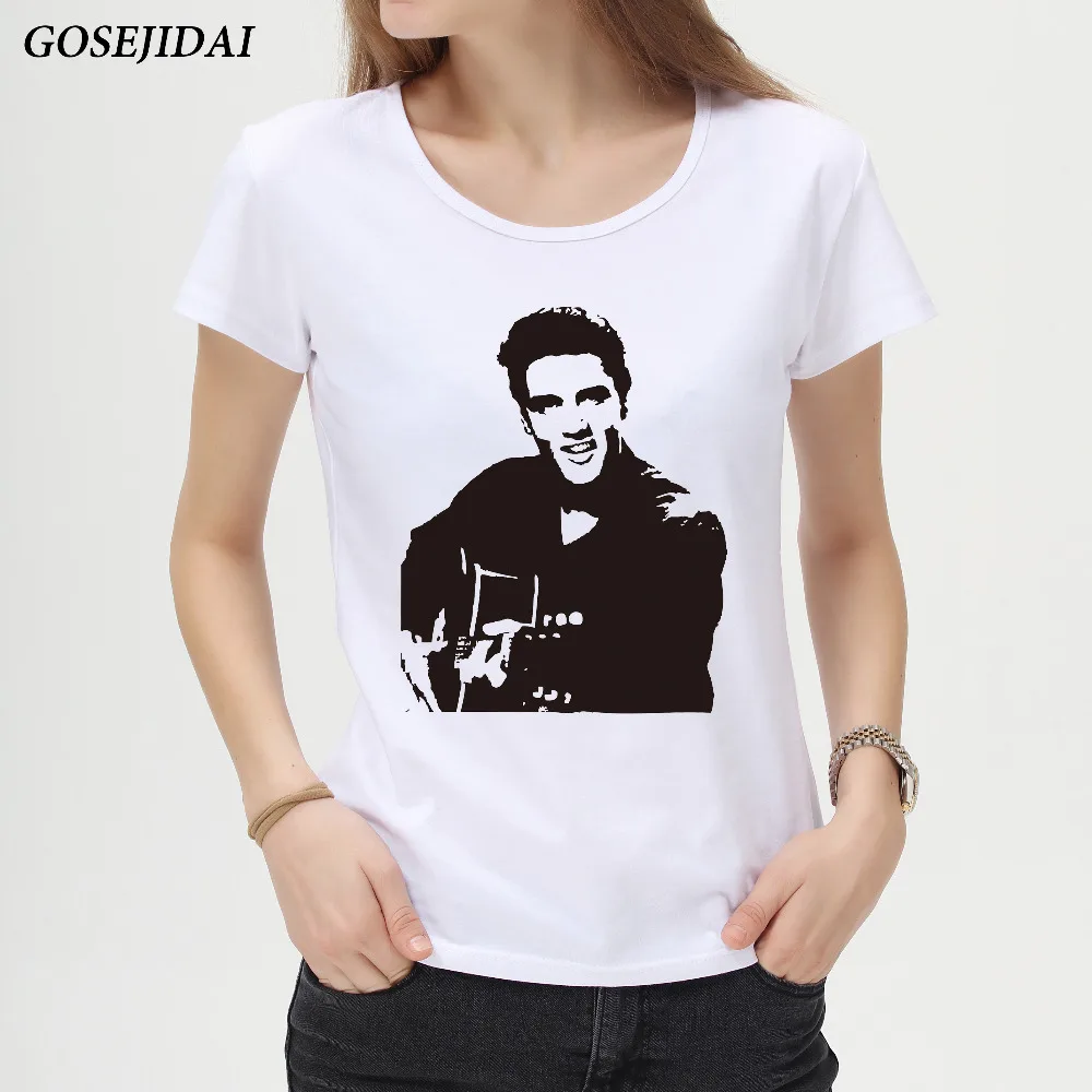 

High Quality Elvis Presley Printed Women's T shirt Fashion Short Sleeve Elastic Slim Funny Tops Lady Casual Retro Cool Tee C16