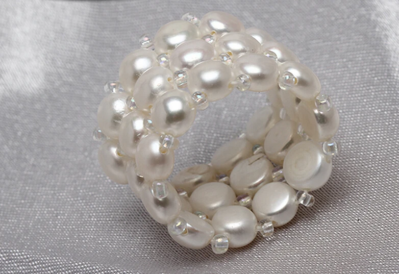 

Korean freshwater pearl ring three layer fancy 6-7mm flat bead sale value
