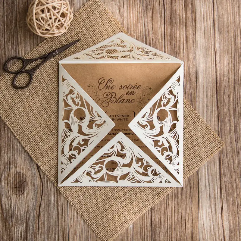White Lace Wedding Invitation with Rustic Invitation Cards Kraft Paper