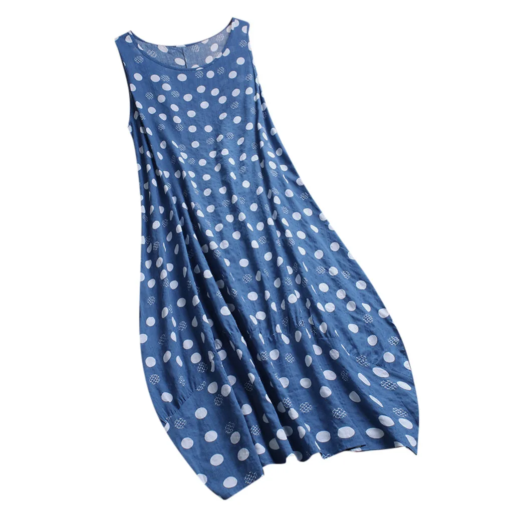 

Lady's Vintage Spring Summer Women Summer Polka Dot Print Sleeveless Loose Maxi Dress Round Neck Dress