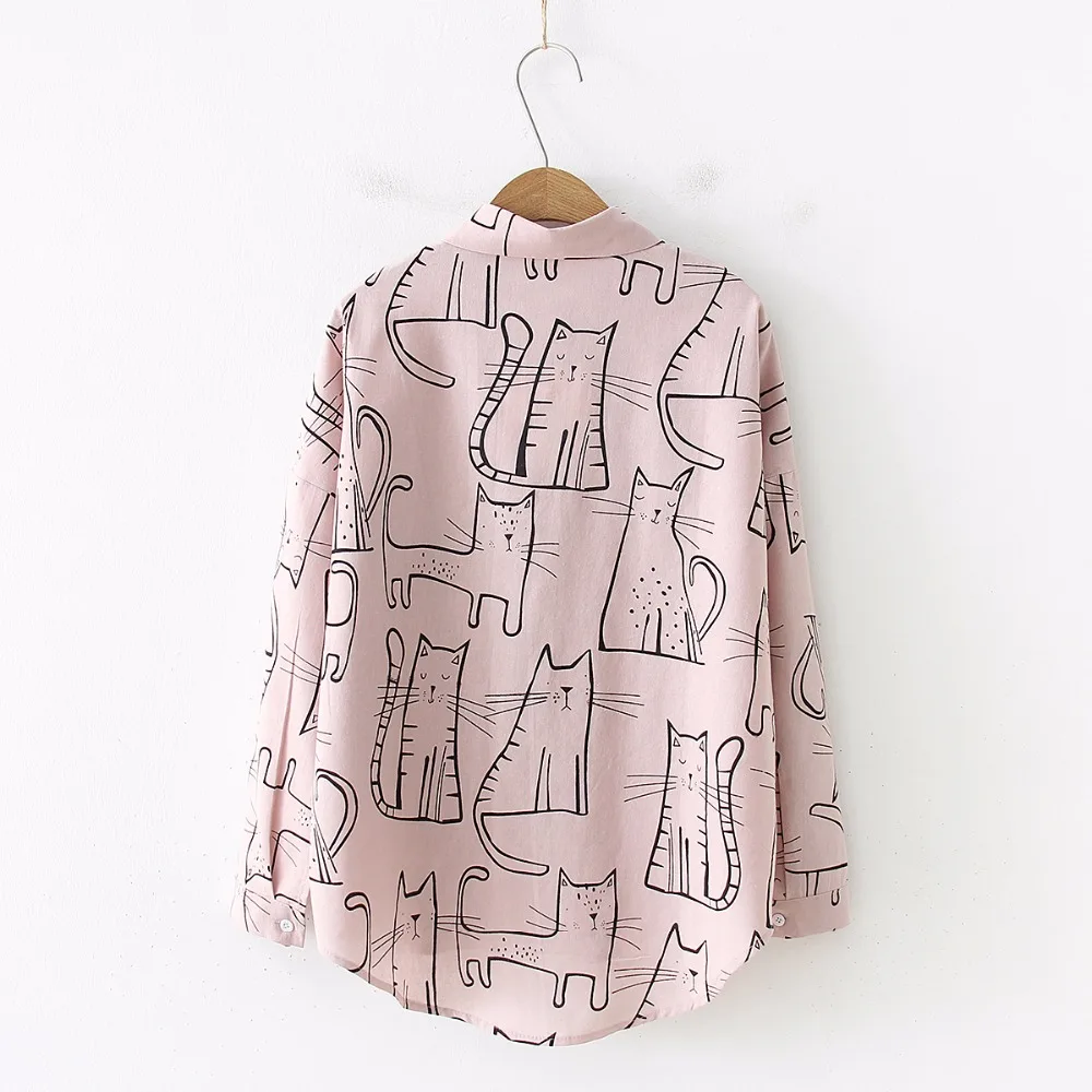 2019 New Arrival Cartoon Cat Print Button Up Blouse Long Sleeve Turn Down Collar Shirt Sweet Girls Loose Plus Size Top T93905F 5