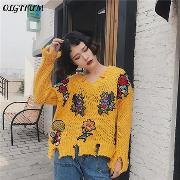 

2019 New Retro V-Neck Hole Rose Embroidered Irregular Loose Women Sweater Vintage Sweet Long Sleeve Slim Pullover Jacket Wild