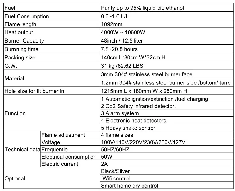 48 дюймов дистанционное управление Умный серебряный или черный Wi Fi Электрический openhaard биоэтанол