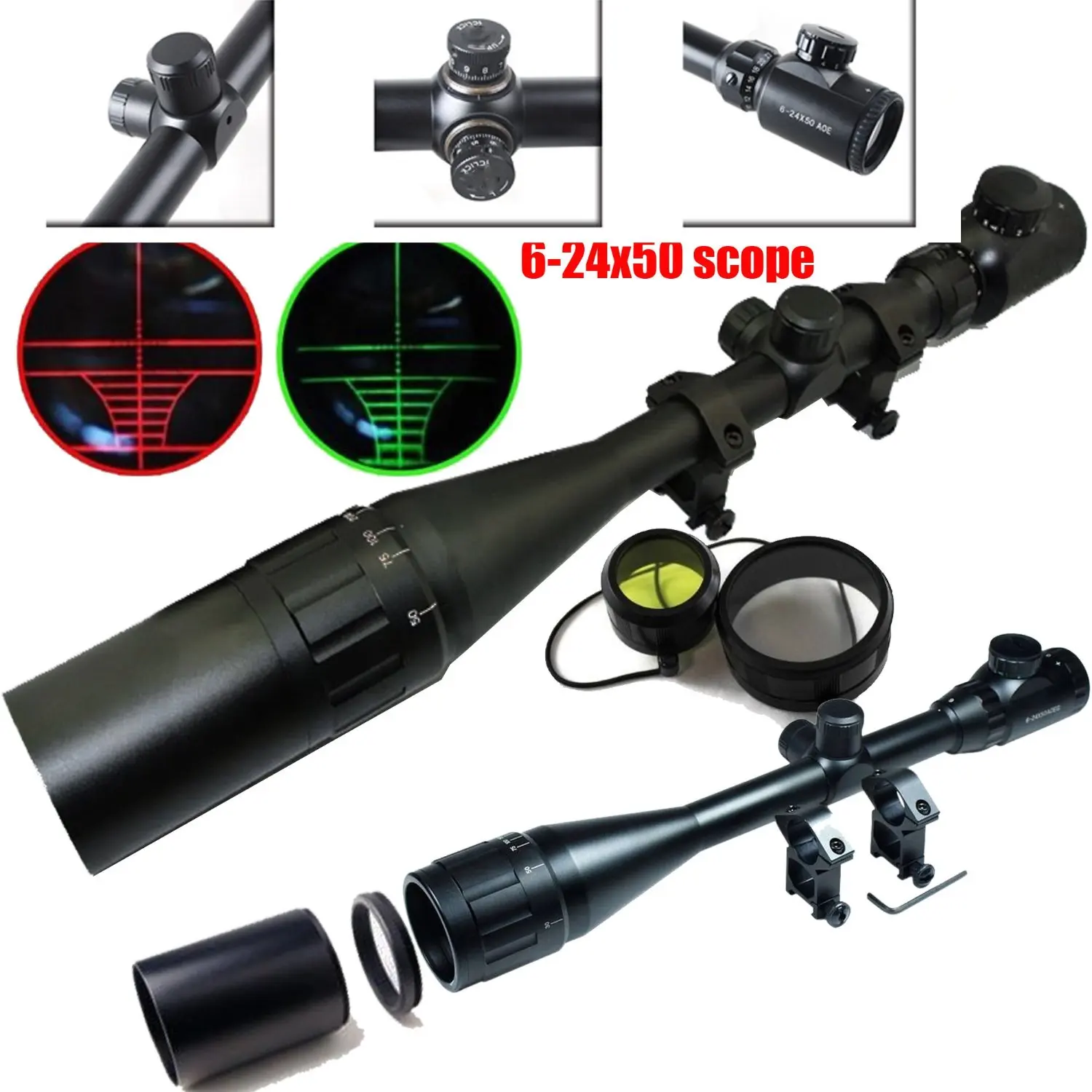 

optics Hunting Rifle Scope 6-24x50 AOE Red & Green Illuminated Crosshair Gun Scopes +Sunshade+ Free Mounts