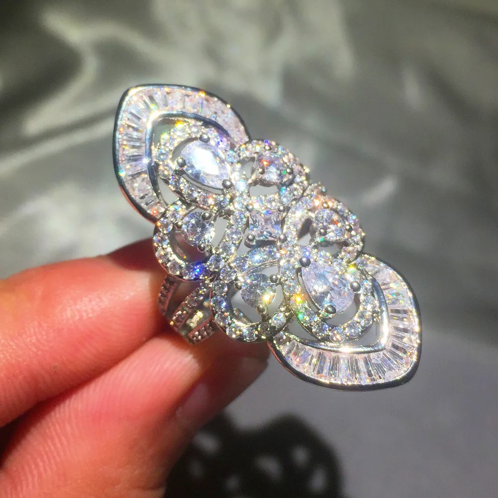 

Bohemia Big Sparkling 925 Sterling Silver ring Luxury Pave Birthstone 5a Zircon CZ rings Cocktail Wedding Rings For Women gift