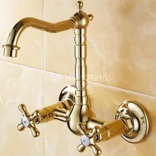 Роскошный Полированный Золотой Латуни Настенные Водопроводной Воды Бассейна Кухня Ванная Умывальник Кран asf101