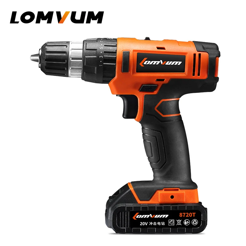 

LOMVUM 20V Multi-function Screwdriver 2 Speed Impact Cordless Drill Battery Hammer Function Power Tools Plastic Box 8720T