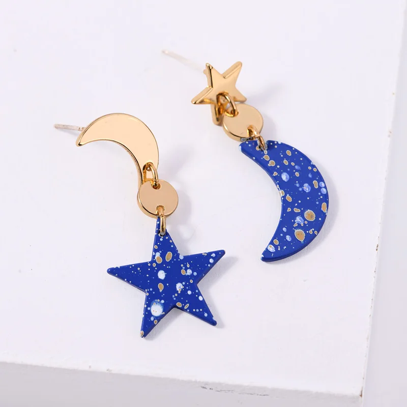 Женские асимметричные серьги подвески Moon & Star короткие летние сережки с синим
