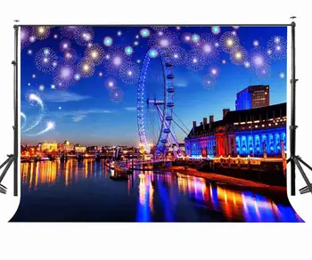 

150x220cm Ferris Wheel Studio Backdrop Colorful Fireworks River Bright City Night Scene Room Mural Background Photography