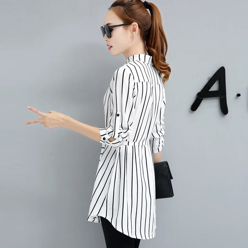 Long-sleeved shirt female long section 2019 autumn new women's fat mm base striped shirt